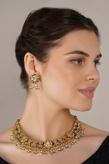 ChhavI'S Jewels_Green Stones, Pearls, Diamonds Kundan And Embellished Choker Necklace Set _Online_at_Aza_Fashions