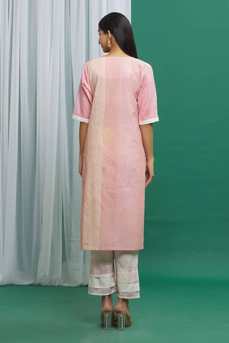 Shop Banana Labs Pink Cotton Round Neck Stripe Pattern Kurta And Pant Set at Aza Fashions Shop_Banana Labs_Pink Cotton Round Neck Stripe Pattern Kurta And Pant Set _at_Aza_Fashions