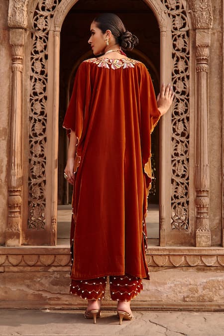 Shop Ajiesh Oberoi Gold Velvet Embroidery Asymmetric Kaftan And Pant Set at Aza Fashions Shop_Ajiesh Oberoi_Gold Velvet Embroidery Asymmetric Kaftan And Pant Set _at_Aza_Fashions