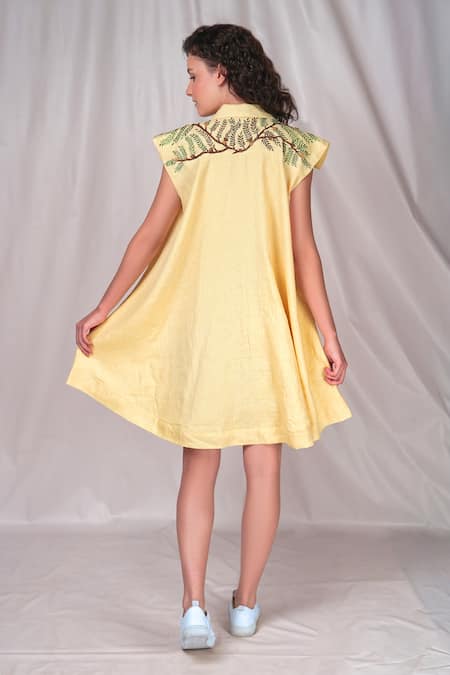 Shop_Seesa_Yellow Linen Embroidery Collared Placement Dress _at_Aza_Fashions