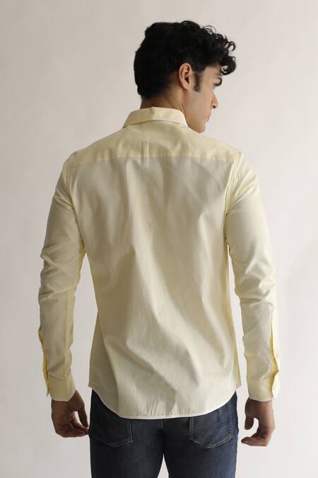 Shop_Kaha_Yellow Italian Cotton Plain Full Sleeve Contrast Piping Detail Shirt_at_Aza_Fashions