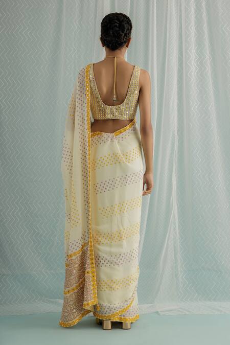 Shop_Surbhi Gupta_Ivory Georgette, Cotton, Silk Sequins Siah Polka Dot Print Saree With Blouse _at_Aza_Fashions