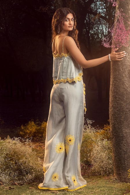 Shop Nitika Gujral Blue Satin, Organza Sequins, Beads, Embroidery Sunflower Crop Top And Palazzo Set at Aza Fashions Shop_Nitika Gujral_Blue Satin, Organza Sequins, Beads, Embroidery Sunflower Crop Top And Palazzo Set _at_Aza_Fashions