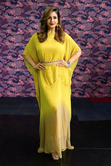 Shop_Merge Design_Yellow Georgette, Lining Crepe Plain Round Ombre Kaftan With Embroidered Belt _at_Aza_Fashions