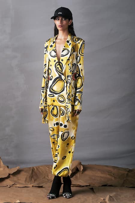 Shop AK-OK Yellow Silk Embroidery, Mirrors Printed Blazer And Pant Set at Aza Fashions Shop_AK-OK_Yellow Silk Embroidery, Mirrors Printed Blazer And Pant Set _at_Aza_Fashions