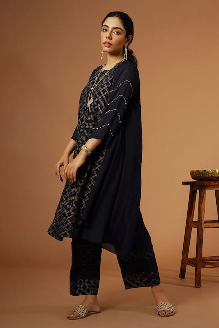 Shop OMI Blue Crepe Sequins Open , Round Embroidered Shrug And Pant Set at Aza Fashions Shop_OMI_Blue Crepe Sequins Open , Round Embroidered Shrug And Pant Set _at_Aza_Fashions