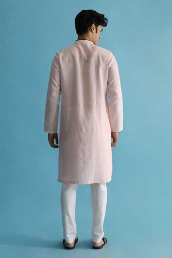 Shop Kaha Pink Linen Triangle Detailing Antheia Cutwork Kurta at Aza Fashions Shop_Kaha_Pink Linen Triangle Detailing Antheia Cutwork Kurta_at_Aza_Fashions