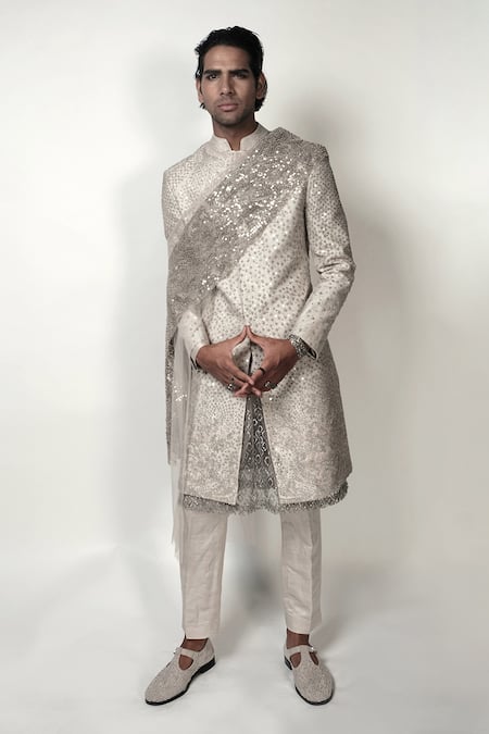 Shop Rohit Gandhi + Rahul Khanna Beige Georgette Embroidery Metallic Thread And Pearls Sherwani at Aza Fashions Shop_Rohit Gandhi + Rahul Khanna_Beige Georgette Embroidery Metallic Thread And Pearls Sherwani _at_Aza_Fashions