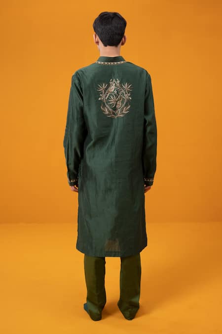 Shop_Wabi Sabi By Anshum-Ritesh_Green Chanderi Sequins Parrot Paradise Embroidered Kurta Set _at_Aza_Fashions