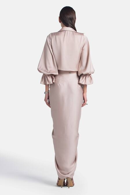 Shop 431-88 By Shweta Kapur Beige Satin Shawl Neck Sharyn Twisted Top at Aza Fashions Shop_431-88 By Shweta Kapur_Beige Satin Shawl Neck Sharyn Twisted Top_at_Aza_Fashions