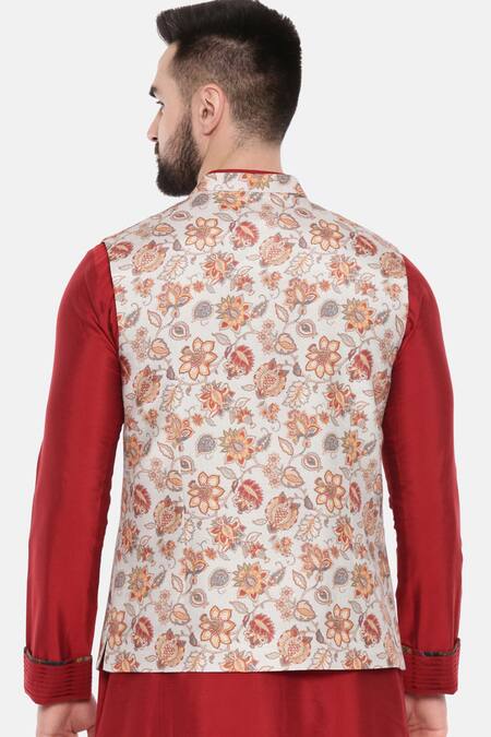 Shop_Mayank Modi - Men_Gray Muslin Print Floral Grey Nehru Jacket _at_Aza_Fashions