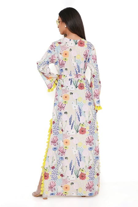Shop_PS Pret by Payal Singhal_Grey Art Crepe Bee Garden Notched Print Kaftan _at_Aza_Fashions