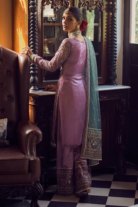 Shop Lashkaraa Purple Satin, Chiffon Sequins, Stones, Zari, Embroidery Floral Jaali Kurta Set at Aza Fashions Shop_Lashkaraa_Purple Satin, Chiffon Sequins, Stones, Zari, Embroidery Floral Jaali Kurta Set_at_Aza_Fashions