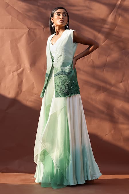 Shop Richa Khemka Beige Organza, Modal, Taffeta, Bamboo, Satin, Birch Gilet Jacket Sharara Set at Aza Fashions Shop_Richa Khemka_Beige Organza, Modal, Taffeta, Bamboo, Satin, Birch Gilet Jacket Sharara Set _at_Aza_Fashions