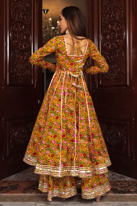 Pomcha Jaipur_Yellow Anarkali And Palazzo Cotton, Dupatta Mastani Botanical Print Set _Online_at_Aza_Fashions