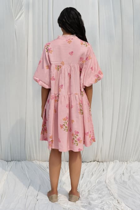 Shop Ayaka Pink Cotton Collared Floral Print Gathered Dress at Aza Fashions Shop_Ayaka_Pink Cotton Collared Floral Print Gathered Dress _at_Aza_Fashions