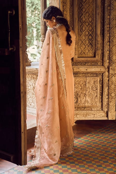 Shop_Lashkaraa_Peach Net, Linen Zari, Sequins, Stones, Embroidery Round Embellished Kurta Set _at_Aza_Fashions