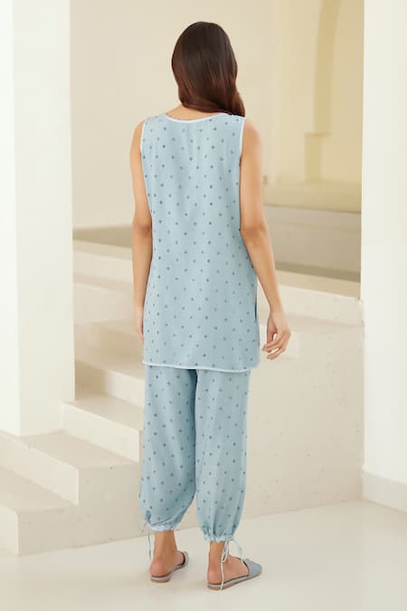 Buy_Cotton And Clay_Blue Silk, Modal Embroidery Shawl Neck, Round Hand Block Print Tunic Trouser Set _Online_at_Aza_Fashions