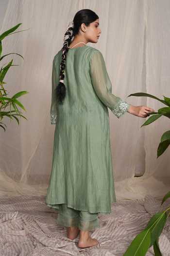 Pants And Pajamas Candy Stick Moss Green Chikankari Kurta & Pant - Set of 2 
