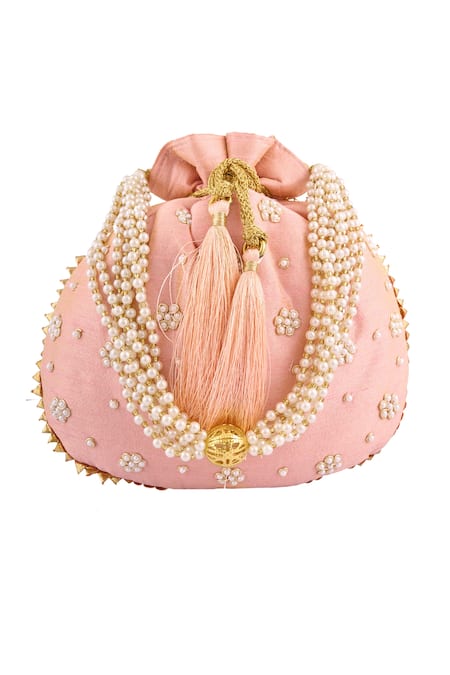 Shop Nazaakat By Samara Singh Peach Embroidery, Beads Floral Pearl Embellished Potli at Aza Fashions Shop_Nazaakat By Samara Singh_Peach Embroidery, Beads Floral Pearl Embellished Potli _at_Aza_Fashions