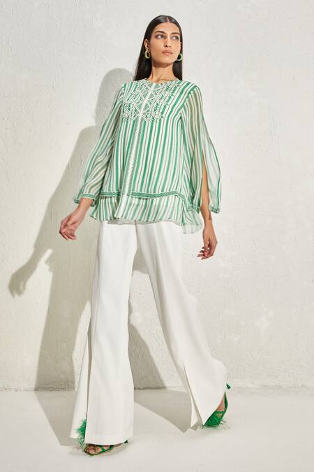 Shop Namrata Joshipura Green Georgette Hand Embellished Aster Striped Double Layer Top at Aza Fashions Shop_Namrata Joshipura_Green Georgette Hand Embellished Aster Striped Double Layer Top _at_Aza_Fashions