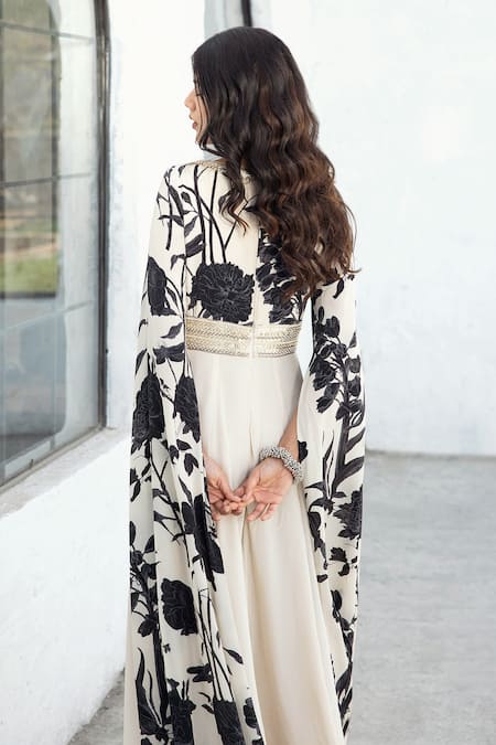 Shop_Basanti - Kapde Aur Koffee_Black Crepe Sequins, Zari Plunge Neck Garden Print And Embroidered Jumpsuit _at_Aza_Fashions