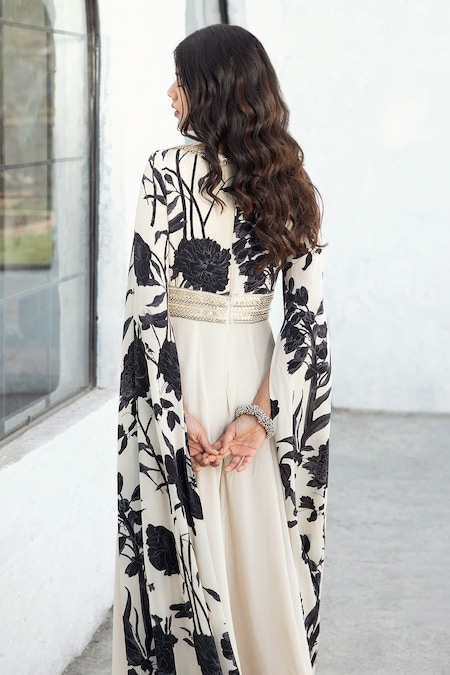 Shop_Basanti - Kapde Aur Koffee_Black Crepe Sequins, Zari Plunge Neck Garden Print And Embroidered Jumpsuit _at_Aza_Fashions