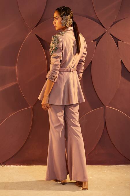 Shop Parul And Preyanka Purple Italian Silk Embroidery Dabka Lilas Peplum Jacket Pant Set at Aza Fashions Shop_Parul And Preyanka_Purple Italian Silk Embroidery Dabka Lilas Peplum Jacket Pant Set _at_Aza_Fashions