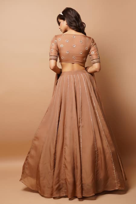 Shop_Ahi Clothing_Gold Organza, Hemp Sequins, Zari V-neck Hand Embroidered Blouse Lehenga Set _at_Aza_Fashions