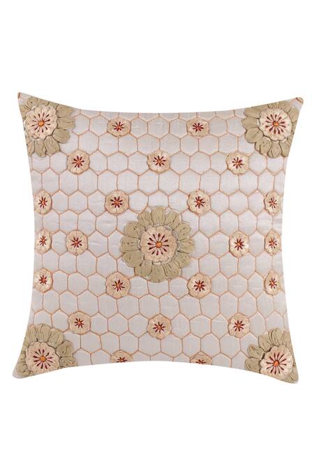 Shop Khaabka Off White Silk Quilted Floral Embroidered Cushion Cover - Set 2 at Aza Fashions Shop_Khaabka_Off White Silk Quilted Floral Embroidered Cushion Cover - Set 2_at_Aza_Fashions