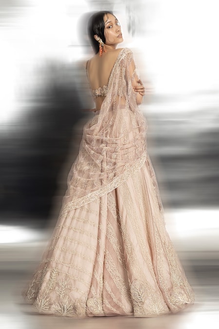 Shop Abhishek Sharma Pink Silk Organza, Net Pearls, Sequins Round Neck Embellished Bridal Lehenga Set at Aza Fashions Shop_Abhishek Sharma_Pink Silk Organza, Net Pearls, Sequins Round Neck Embellished Bridal Lehenga Set _at_Aza_Fashions
