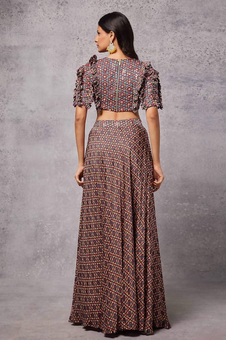 Shop Senren By Eshana Raut Maroon Modal Satin Print Kaleidoscope V Neck Blouse With Lehenga at Aza Fashions Shop_Senren By Eshana Raut_Maroon Modal Satin Print Kaleidoscope V Neck Blouse With Lehenga _at_Aza_Fashions
