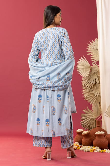 Shop Abbaran Blue Cotton Gota Patti, Paisley And Floral Block Print Anarkali Palazzo Set at Aza Fashions Shop_Abbaran_Blue Cotton Gota Patti, Paisley And Floral Block Print Anarkali Palazzo Set _at_Aza_Fashions