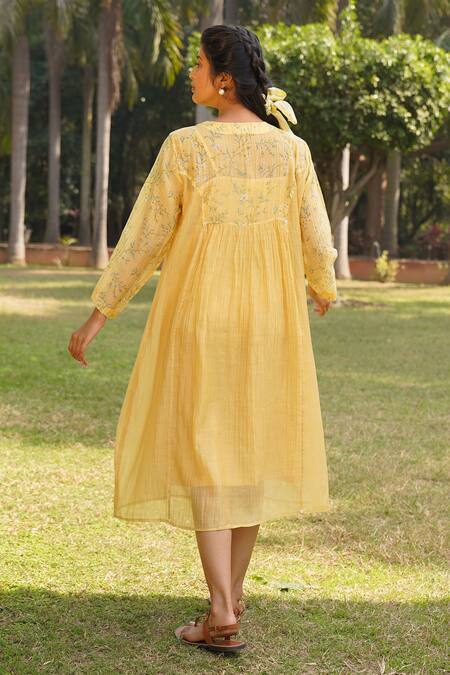 Shop_Dhaari_Yellow Cotton, Silk Round Neck Hand Painted Yoke Dress _at_Aza_Fashions