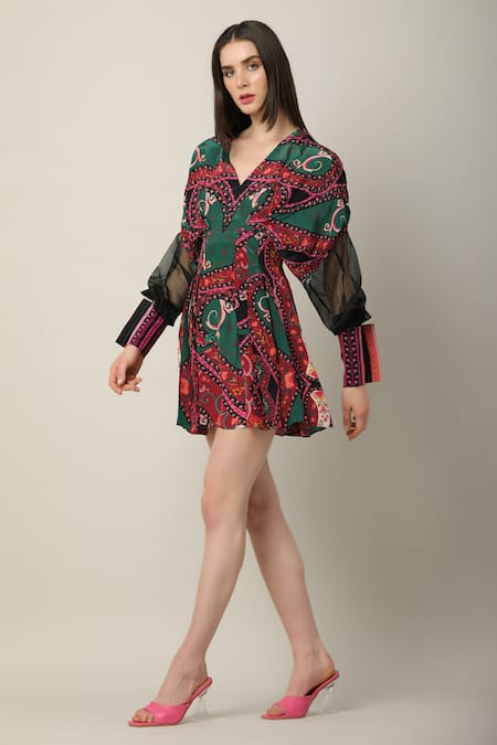 Shop_Limerick By Abirr N' Nanki_Multi Color Organza, Crepe V-neck Anya Printed Bishop Sleeves Dress _at_Aza_Fashions