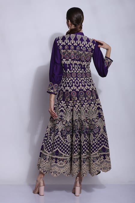 Shop_Sonali Gupta_Purple 25% Silk Embroidered Mughal Jaal Collared Neck Anarkali  _at_Aza_Fashions