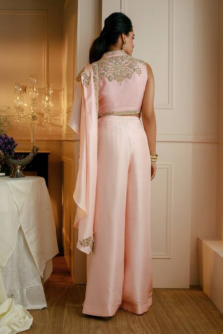 Shop_Nehha Nhata_Pink Silk Beads, Embroidery Cut-out Blazer Blouse And Slit Pant Set _at_Aza_Fashions