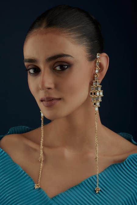 Shop_House Of Tuhina_Gold Plated Mirrors Falak Embellished Earrings _at_Aza_Fashions