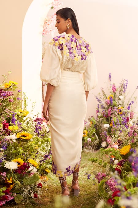 Shop Chandrima Ivory Chanderi Embroidery Round Neck Pansy Patch Work Yoke Top at Aza Fashions Shop_Chandrima_Ivory Chanderi Embroidery Round Neck Pansy Patch Work Yoke Top _at_Aza_Fashions