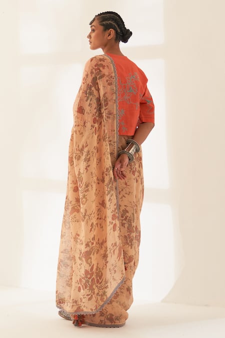 Kasturi Kundal Narangi Pure Linen Handloom Saree With Unstitched Blouse 