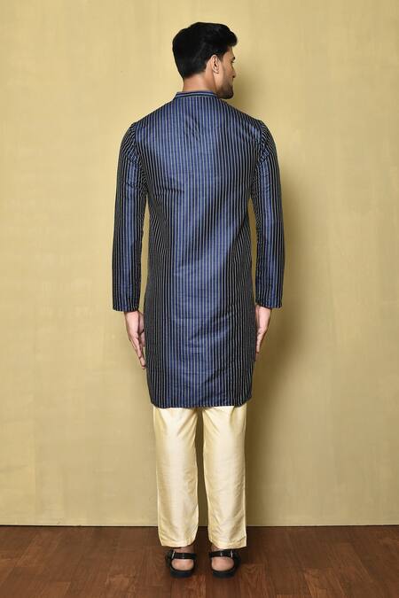 Shop_Naintara Bajaj_Blue Jacquard Silk Stripe Pattern Kurta _at_Aza_Fashions