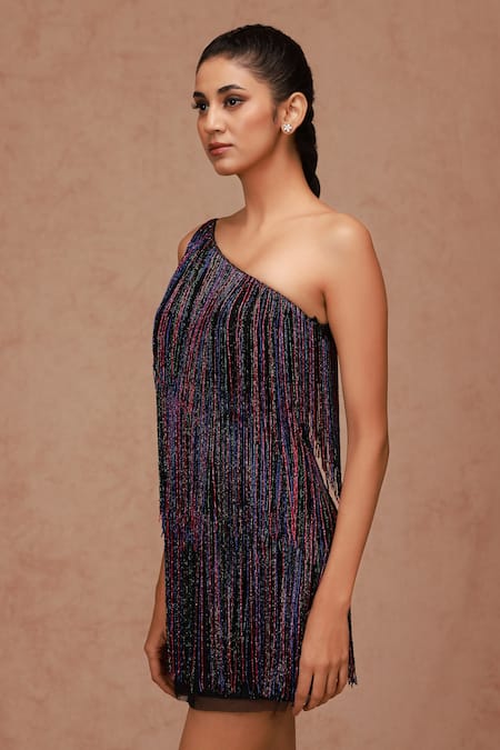 Shop_Shriya Som_Black Tulle Beads One Shoulder Fringe Detail Dress _at_Aza_Fashions
