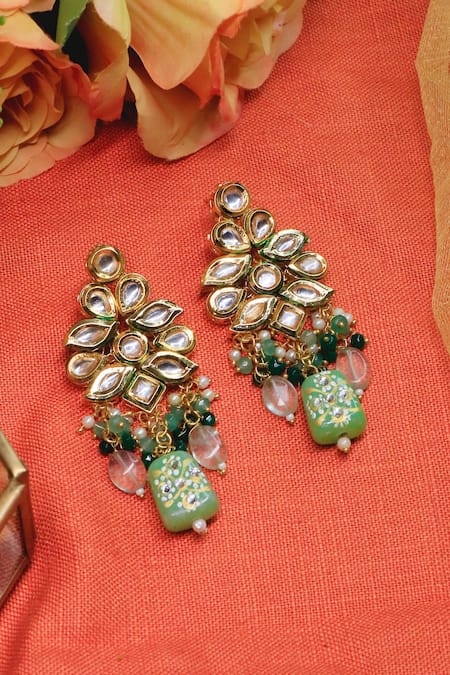 Ishhaara Gold Plated Stones Kundan Green Dangler Earrings Online at Aza Fashions Ishhaara_Gold Plated Stones Kundan Green Dangler Earrings _Online_at_Aza_Fashions