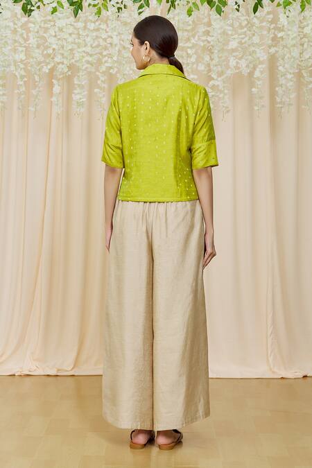 Shop Nazaakat By Samara Singh Green Chanderi Notched Geometric Pattern Top at Aza Fashions Shop_Nazaakat By Samara Singh_Green Chanderi Notched Geometric Pattern Top _at_Aza_Fashions