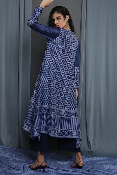 Shop Krishna Mehta Blue Chanderi Block Print Bandhej Round Tunic at Aza Fashions Shop_Krishna Mehta_Blue Chanderi Block Print Bandhej Round Tunic _at_Aza_Fashions