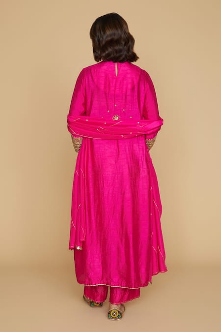 Shop_Label Niti Bothra_Pink Silk Pitta, Marodi Keyhole Neck And Sleeves Kurta Set _at_Aza_Fashions