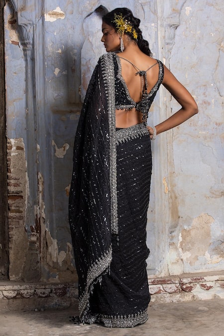 Nitika Gujral Black Organza, Silk Sequins, Crystals, Saree With Metallic Embroidered Blouse Online at Aza Fashions Nitika Gujral_Black Organza, Silk Sequins, Crystals, Saree With Metallic Embroidered Blouse _Online_at_Aza_Fashions