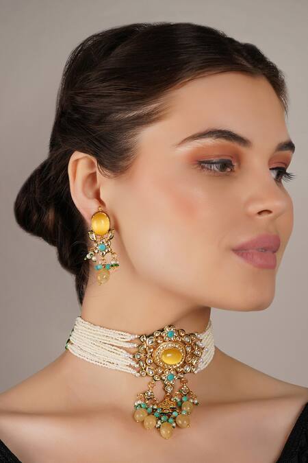 ChhavI'S Jewels_Yellow Stones, Pearls, Gota Patti Onyx And Kundan Embellished Choker Necklace Set _Online_at_Aza_Fashions