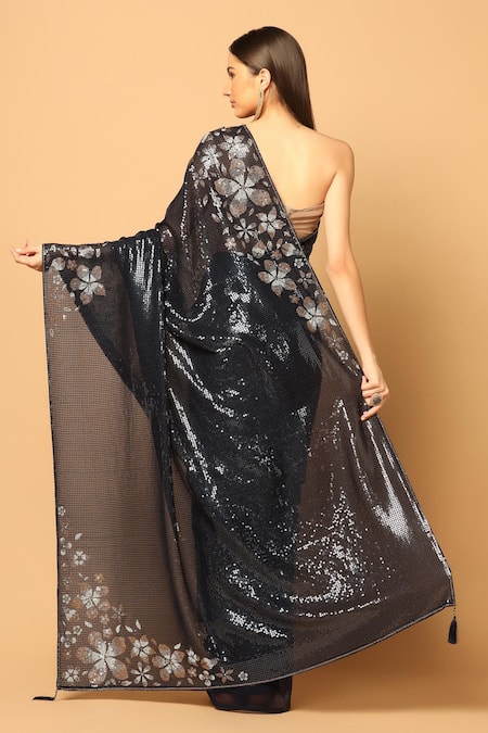 Shop Two Sisters By Gyans Black Georgette Sequins, Floral Embroidered Saree With Unstitched Blouse Piece at Aza Fashions Shop_Two Sisters By Gyans_Black Georgette Sequins, Floral Embroidered Saree With Unstitched Blouse Piece _at_Aza_Fashions