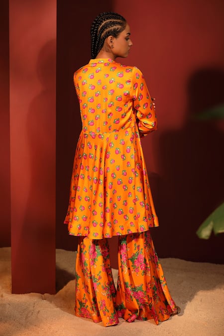 Shop Shetab Kazmi Orange Modal, Satin Mandarin Collar Floral Digital Print Peplum Top Gharara Set at Aza Fashions Shop_Shetab Kazmi_Orange Modal, Satin Mandarin Collar Floral Digital Print Peplum Top Gharara Set _at_Aza_Fashions